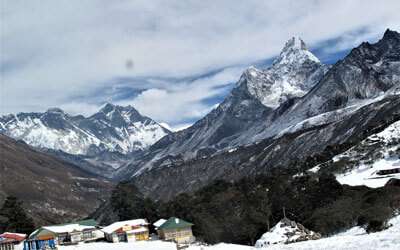 view of Everest and its neighboring mountains from Tengboche